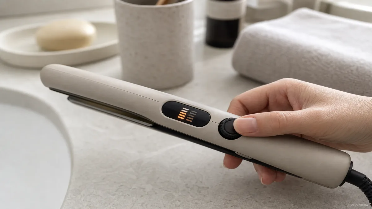 Image: A hand adjusting a digital heat dial on a hair styling tool, the display showing a moderate temperature, soft bathroom lighting, no visible brand marks
