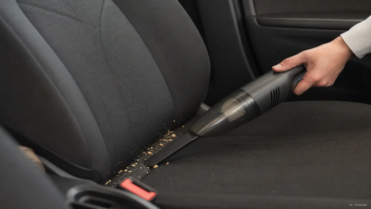 Image: a person holding a small cordless handheld vacuum, cleaning a car seat seam with a narrow crevice tool, crumbs visible on the seat before the pass — AI illustration