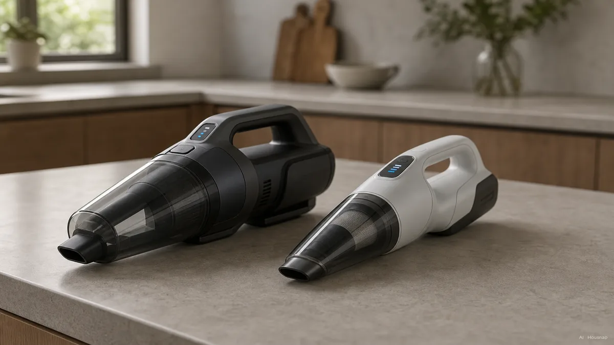 Image: two handheld vacuums side by side on a kitchen counter, one visibly heavier and bulkier with a larger dustbin, the other compact and light enough to hold in one hand, a battery charge indicator visible on each — AI illustration