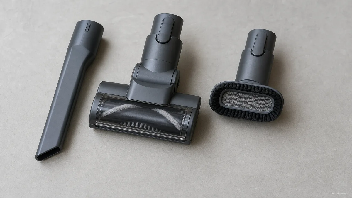 Image: a close-up of handheld vacuum attachments laid out next to each other, a narrow crevice tool, a small motorized pet-hair brush roll, and a fabric upholstery brush — AI illustration