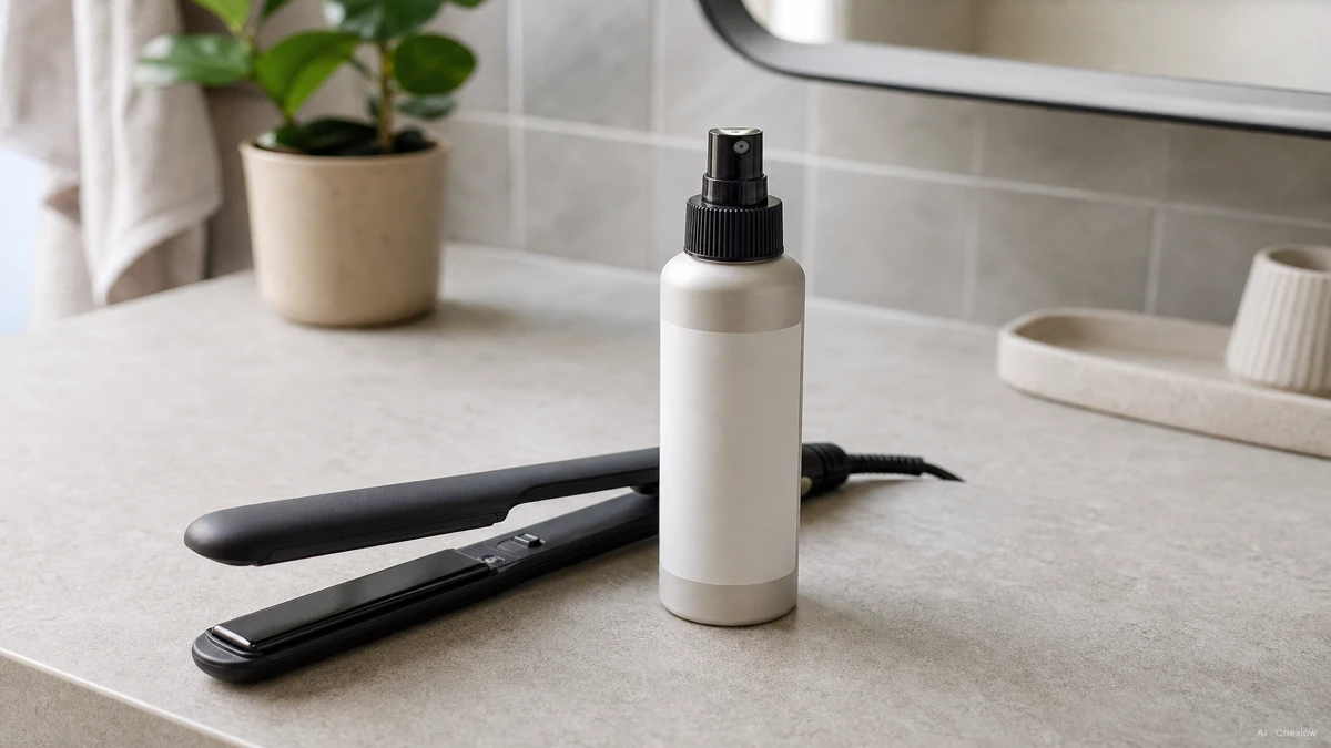 Image: A bottle of heat protectant spray on a bathroom counter next to a flat iron, soft natural light, no visible brand marks