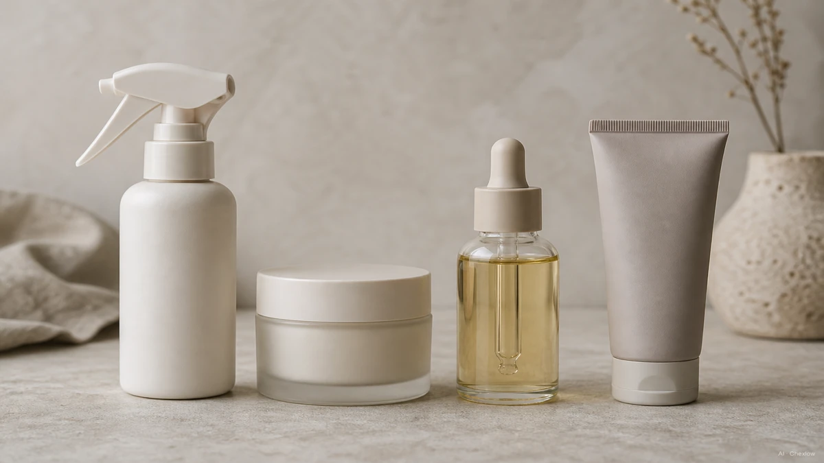 Image: Four heat protectant product formats side by side, a spray bottle, a cream jar, an oil dropper bottle, and a serum tube, clean neutral background, no readable brand names