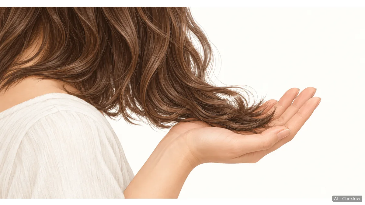 An open hand gently cups the ends of a loose section of wavy hair.