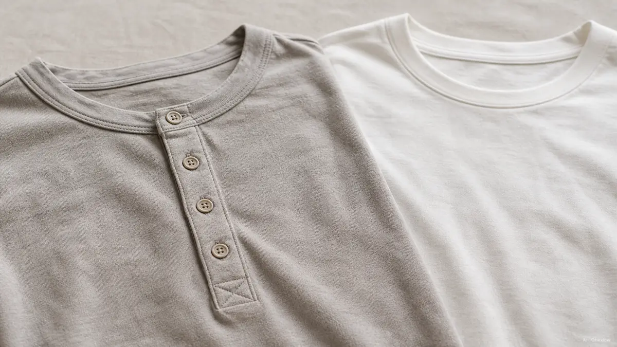 Image: A collarless henley shirt laid flat on a neutral surface, focused on the two-to-five button placket at the neckline, next to a plain crew-neck t-shirt for comparison, soft natural light