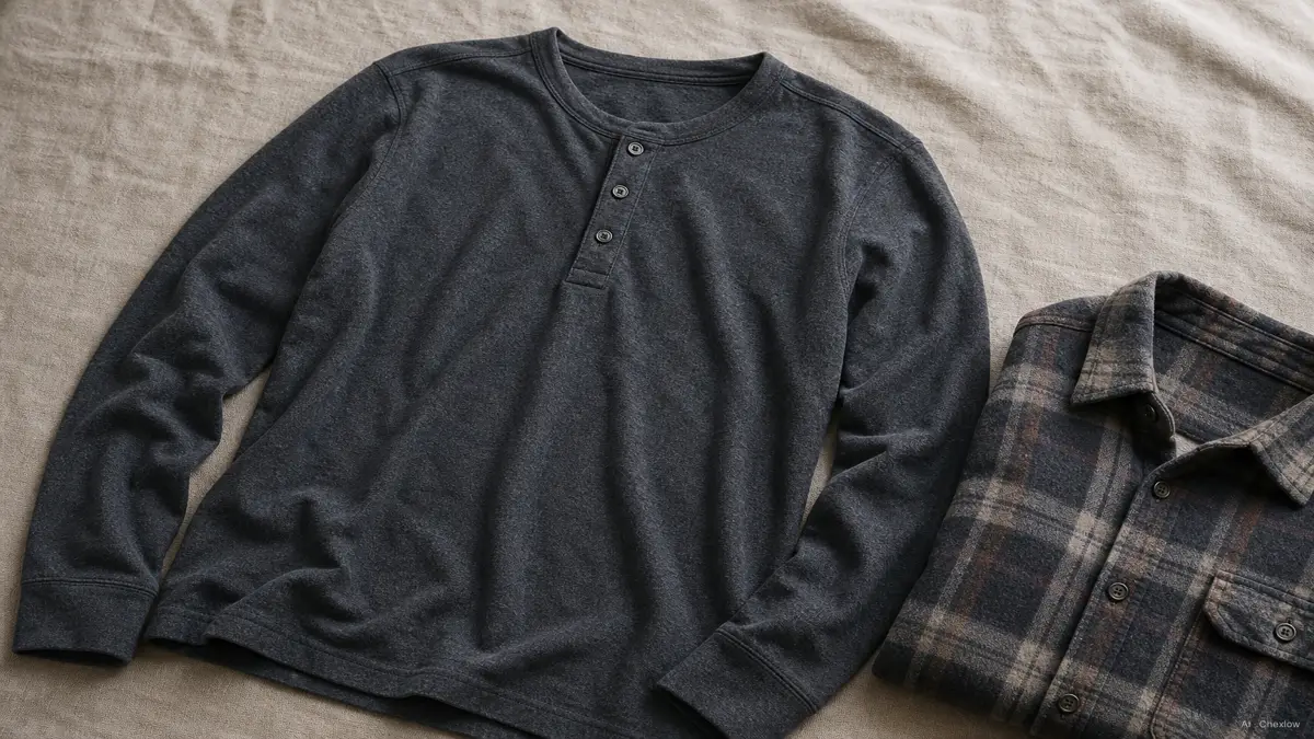 Image: A neutral charcoal long-sleeve henley shirt laid flat with a flannel shirt nearby, suggesting a layering pairing, soft natural light, no logos