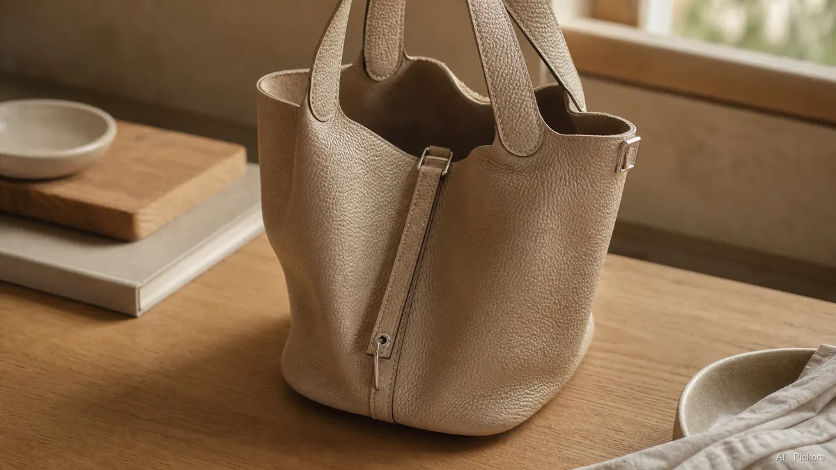 Primer plano de un bolso de cuero suave con forma de cubo, dos asas superiores y herrajes plateados sobre un escritorio de roble mate con luz natural cálida (ilustración generada por IA)