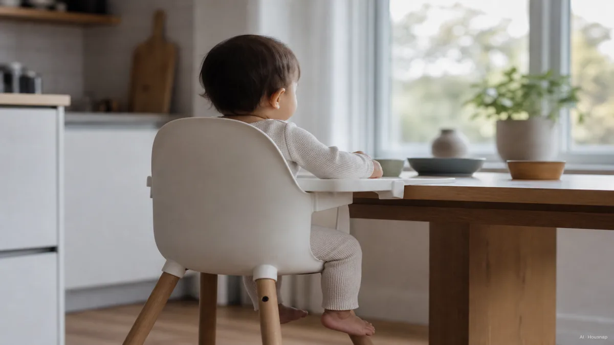 Image: a baby sitting upright in a high chair at a kitchen table with hips knees and ankles at neutral right angles, soft natural light, no visible branding — AI illustration