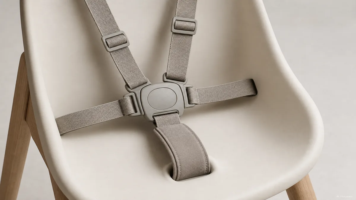 Image: a close-up of a high chair harness buckle and leg opening restraint being fastened around a seated toddler, clinical and reassuring rather than alarming, neutral studio background — AI illustration