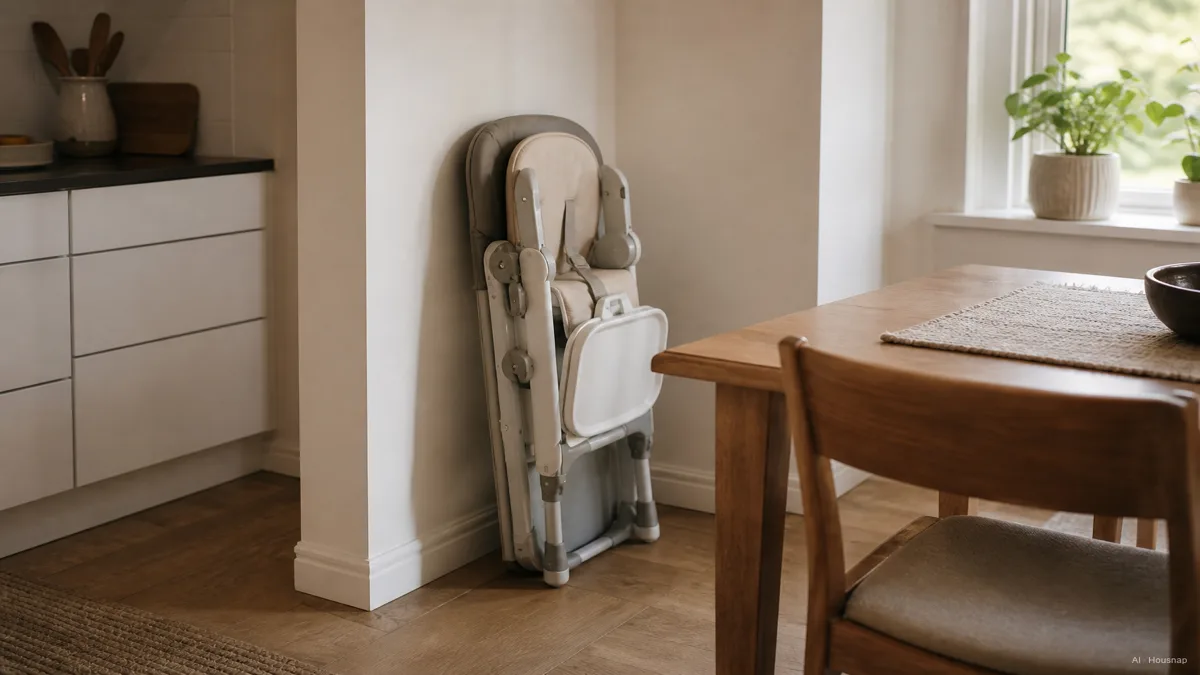 Image: a tidy kitchen corner with a high chair folded flat against the wall next to a dining table, showing how little floor space it claims, warm daylight — AI illustration