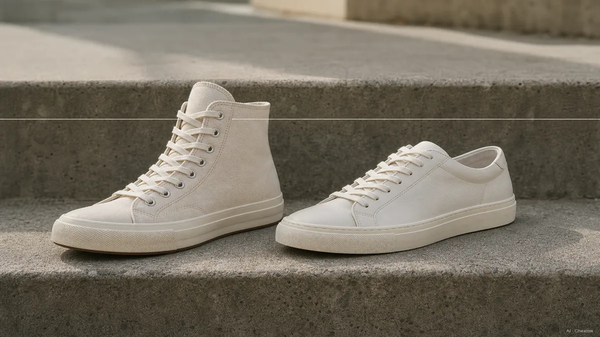 A high-top sneaker and a low-top sneaker placed side by side on a concrete step, no visible brand marks, a thin line drawn across both at ankle height to show where the collar lands, soft daylight (AI generated illustration)