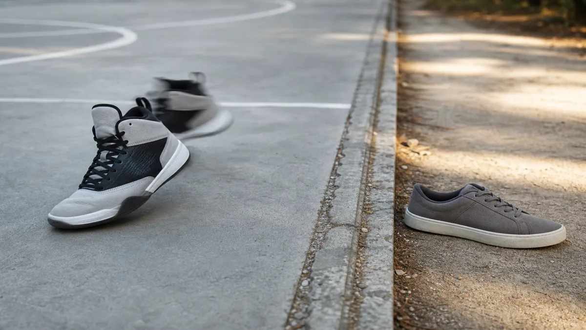 A pair of high-top sneakers mid-pivot on an outdoor basketball court next to a low-top sneaker resting at the edge of a walking path, motion blur on the court pair, no brand logos (AI generated illustration)