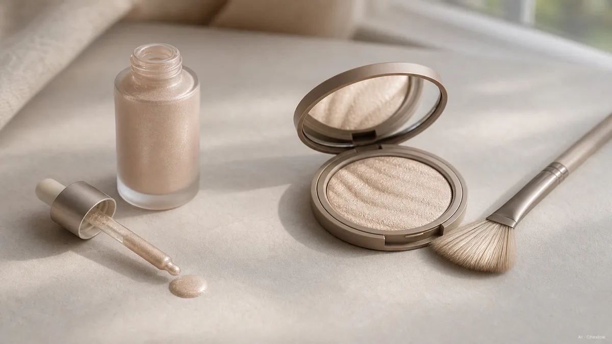Image: A liquid highlighter dropper bottle with a small drop of luminous product on the left and a pressed powder highlighter compact with a fan brush resting beside it on the right, soft neutral surface, natural diffused light, no labels or logos