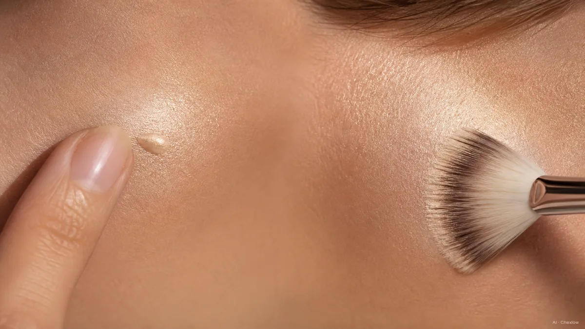 Image: A fingertip blending a small dot of liquid highlighter onto a cheekbone on the left half, and a fan brush sweeping powder highlighter along a cheekbone on the right half, warm soft light, no visible brand marks