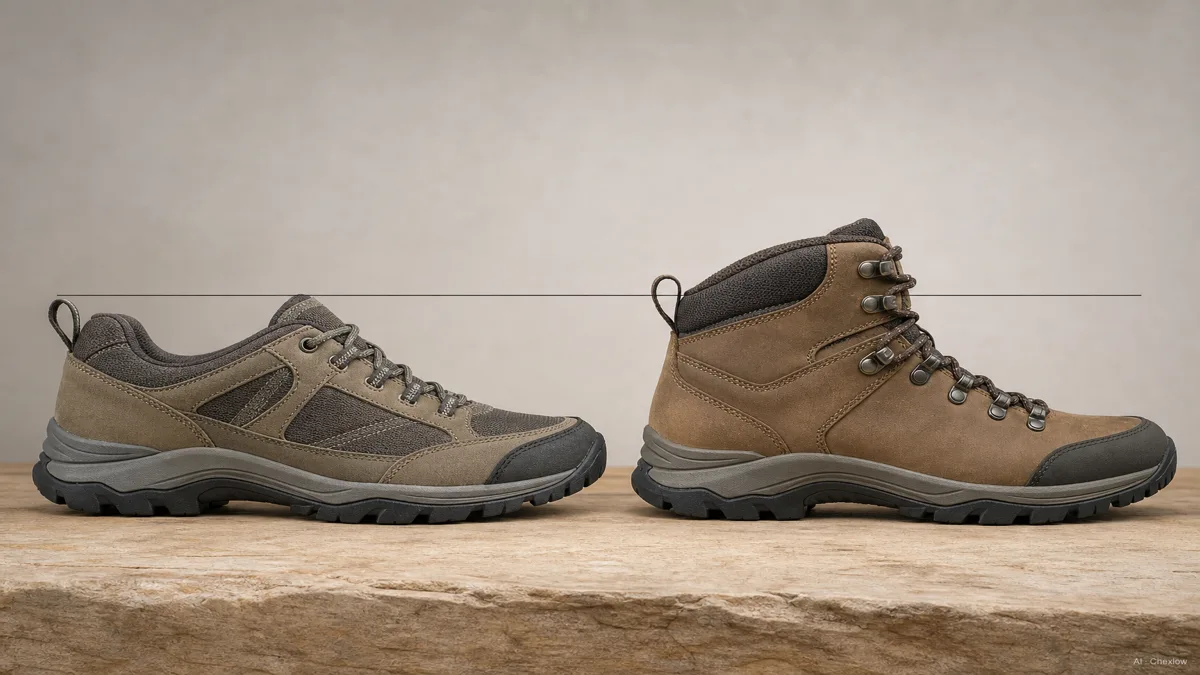 Image: A cross-section style side-by-side of a low-cut hiking shoe and a mid-cut hiking boot, ankle line marked, no visible brand marks, soft studio light