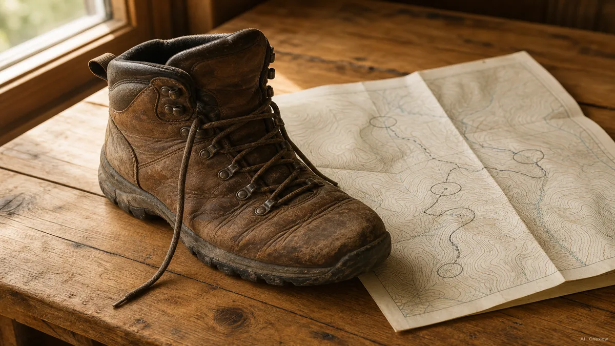 Image: A worn leather mid-cut hiking boot beside short walking trails marked on a simple map, conveying gradual break-in, no visible brand marks, warm natural light