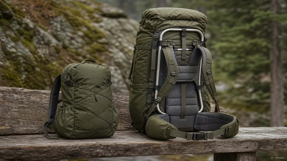 Image: A daypack and a multiday backpacking pack standing side by side, frame and hip belt visible in cutaway detail, no visible brand marks, soft studio light