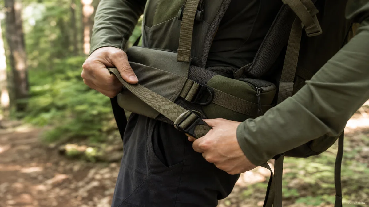 Image: Close-up of a hiker adjusting a padded hip belt on a loaded backpacking pack, torso and hip bone area in focus, no visible brand marks, natural outdoor light