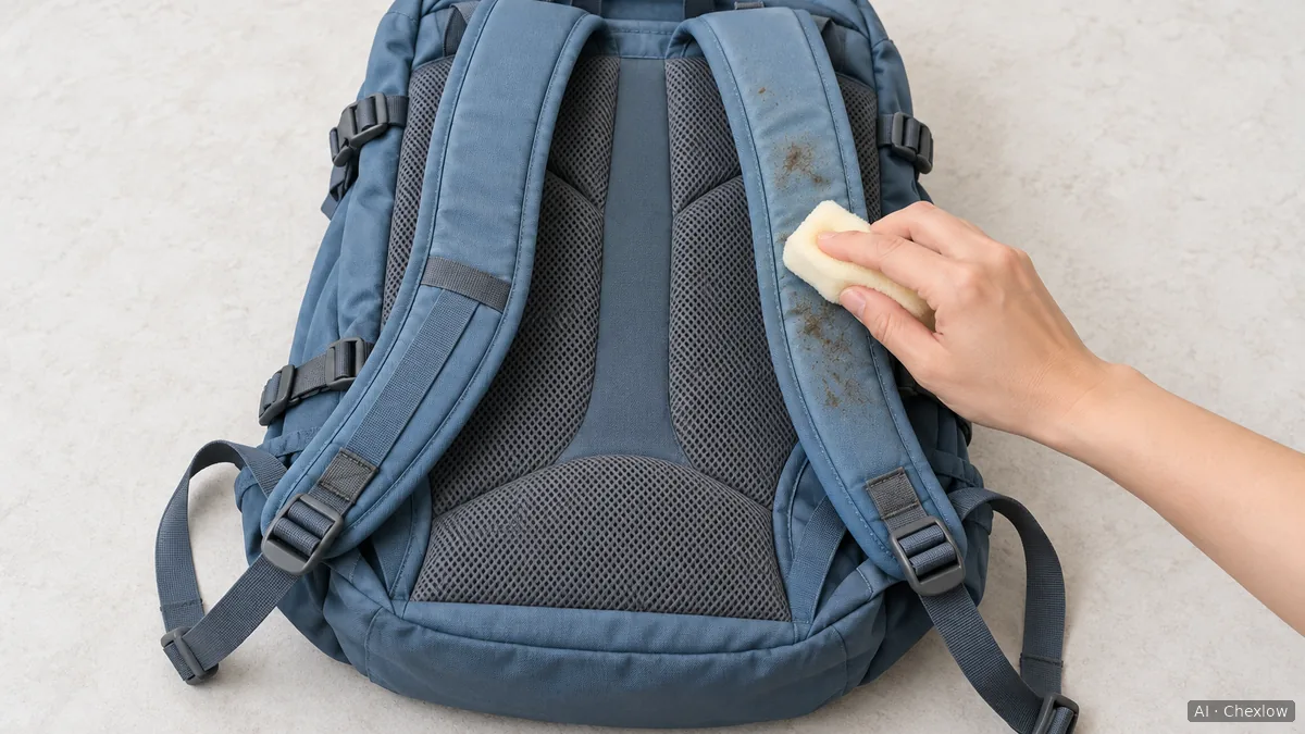 A hand wiping the surface of an attached hiking-backpack shoulder strap with a soft sponge