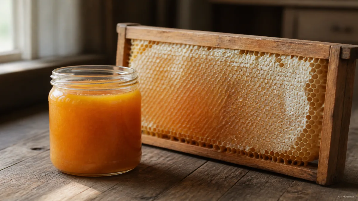 Image: A jar of cloudy, amber raw honey next to a honeycomb frame on a rustic wooden table, warm natural light — KI-Illustration