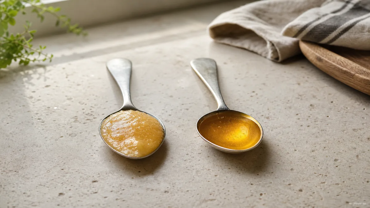 Image: Side-by-side comparison on a kitchen counter, a spoon of cloudy raw honey and a spoon of clear golden processed honey, soft daylight — KI-Illustration