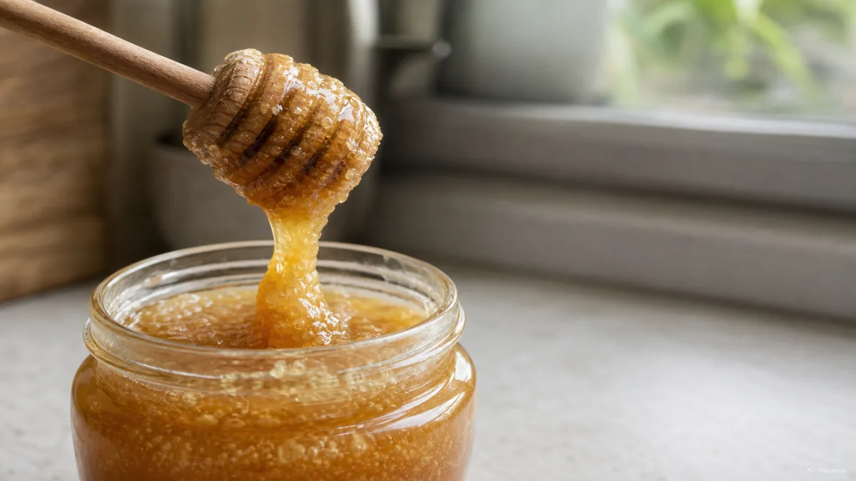 Image: A wooden honey dipper lifting thick, partially crystallized honey out of a glass jar on a kitchen counter, close-up, natural light — KI-Illustration