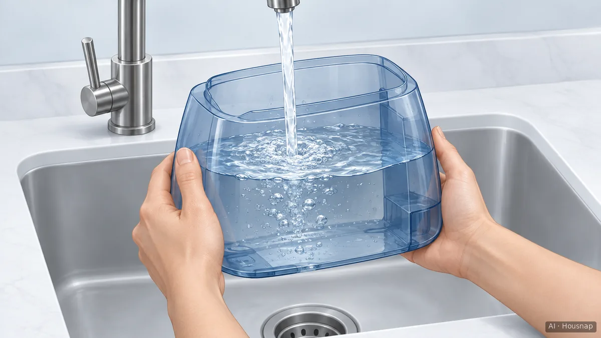 Hands holding a detached, open humidifier tank beneath running tap water over a sink. — AI illustration