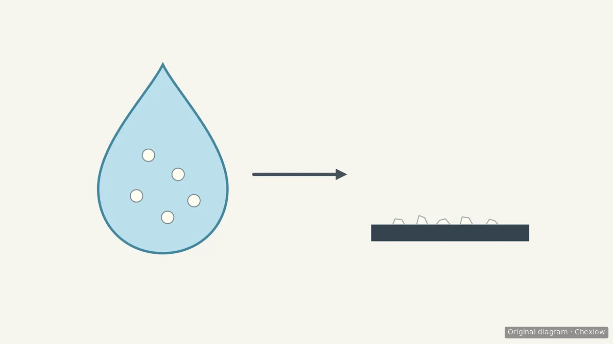 A schematic linking mineral markers inside an enlarged water droplet to white residue on a dark surface