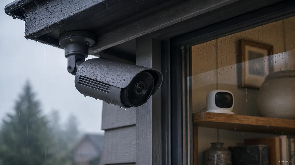 Image: a weatherproof outdoor security camera mounted under an eave in light rain, water beading on its housing, next to a small indoor camera sitting on a shelf indoors โ AI illustration