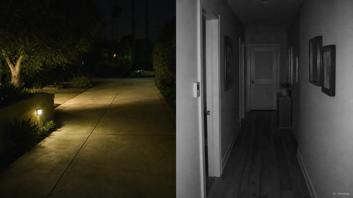 Image: a split night-time scene, one side a wide outdoor driveway lit in color night vision, the other a narrower indoor hallway in soft infrared โ AI illustration