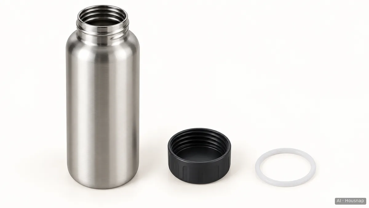 An open metal bottle, an upturned screw cap and a separate circular seal arranged side by side on a plain surface. — AI illustration