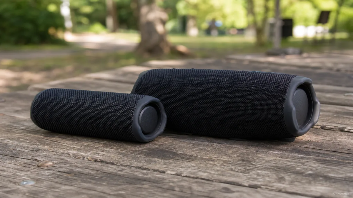 Image: JBL Flip 7과 JBL Charge 6 스피커가 나무 피크닉 테이블 위에 나란히 놓인 모습, 크기 차이가 보이는 구도, 브랜드 노출 없음 — AI 일러스트