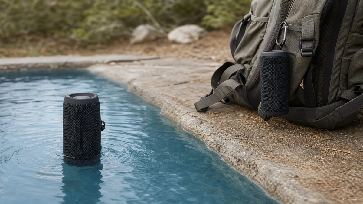 Image: JBL Charge 6가 수영장 물 위에 똑바로 뜬 채로 있고, 바로 옆 마른 땅에는 JBL Flip 7이 등산 배낭 어깨끈에 고리로 걸려 있는 모습, 브랜드 노출 없음 — AI 일러스트