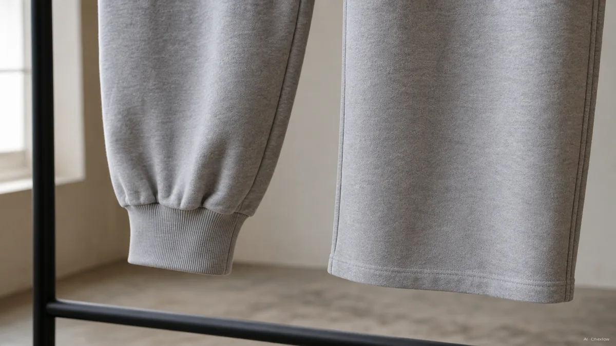 Image: a close-up side-by-side of two pant legs on a clothing rack, the left leg tapering to a snug ribbed ankle cuff, the right leg falling straight with a loose open hem, soft studio light, no logos visible