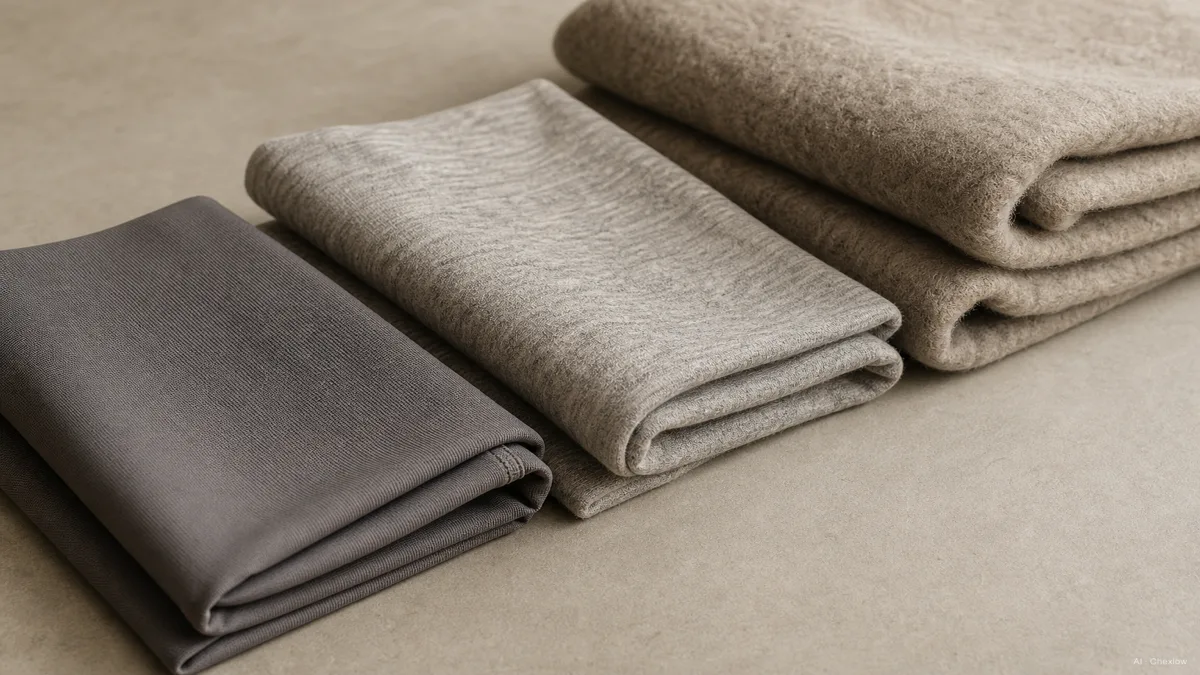 Image: three folded fabric swatches on a neutral table, a thin technical jogger fabric, a mid-weight cotton-poly blend, and a thick heavy cotton fleece, textures visibly different under soft light