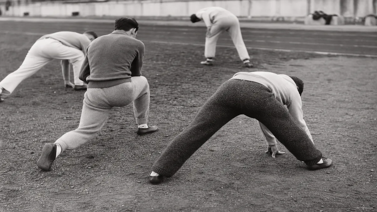 Image: a black-and-white style illustration of 1930s athletes in loose knitted warm-up pants stretching on a track infield, vintage sport mood, no visible brand marks