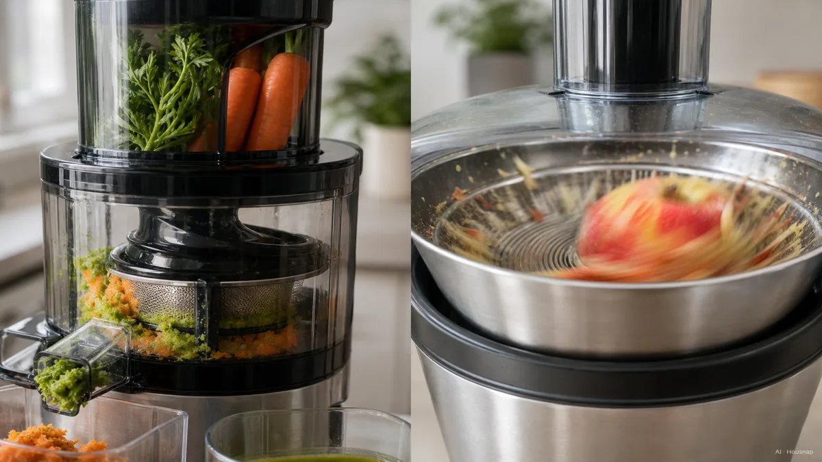 Image: close-up split composition, one side showing a slow-turning masticating juicer auger pressing whole carrots and leafy greens through a mesh screen, the other side showing a fast-spinning centrifugal juicer blade shredding an apple inside a stainless steel basket, bright kitchen countertop lighting, no visible brand logos — AI illustration