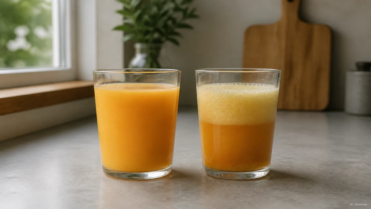 Image: two glasses of fresh juice side by side on a kitchen counter, the left glass smooth and still combined, the right glass already separating into a foamy layer on top and a darker liquid below, soft natural window light, no visible brand logos — AI illustration