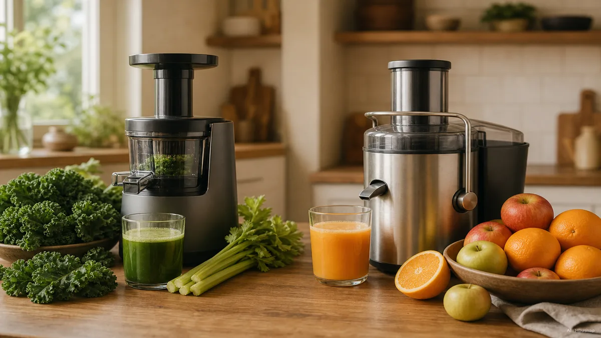 Image: a kitchen counter split into two everyday scenes, one side showing a masticating juicer surrounded by kale and celery, the other side showing a centrifugal juicer surrounded by apples and oranges, warm morning light, no visible brand logos — AI illustration