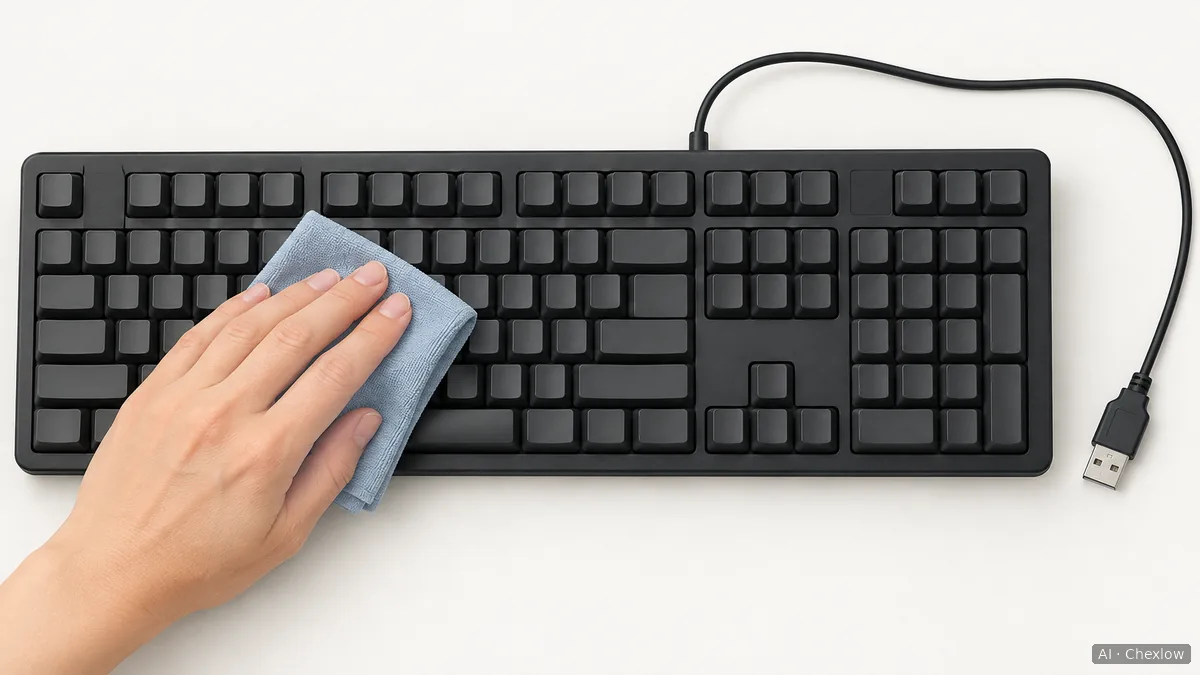 A hand wiping the attached keys of a wired keyboard with a folded cloth, with the free USB plug visible beside it