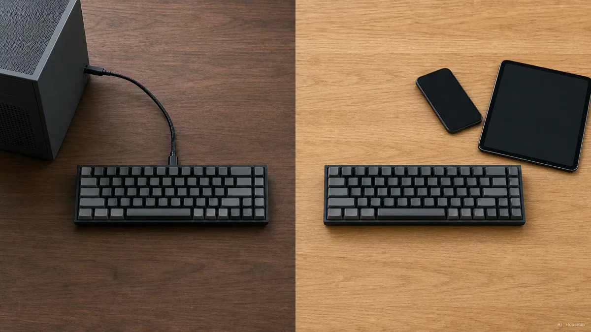 Image: a clean desk split down the middle, one side with a wired keyboard and a cable running to the tower, the other side with a cable-free wireless keyboard and a phone and tablet beside it — AI illustration