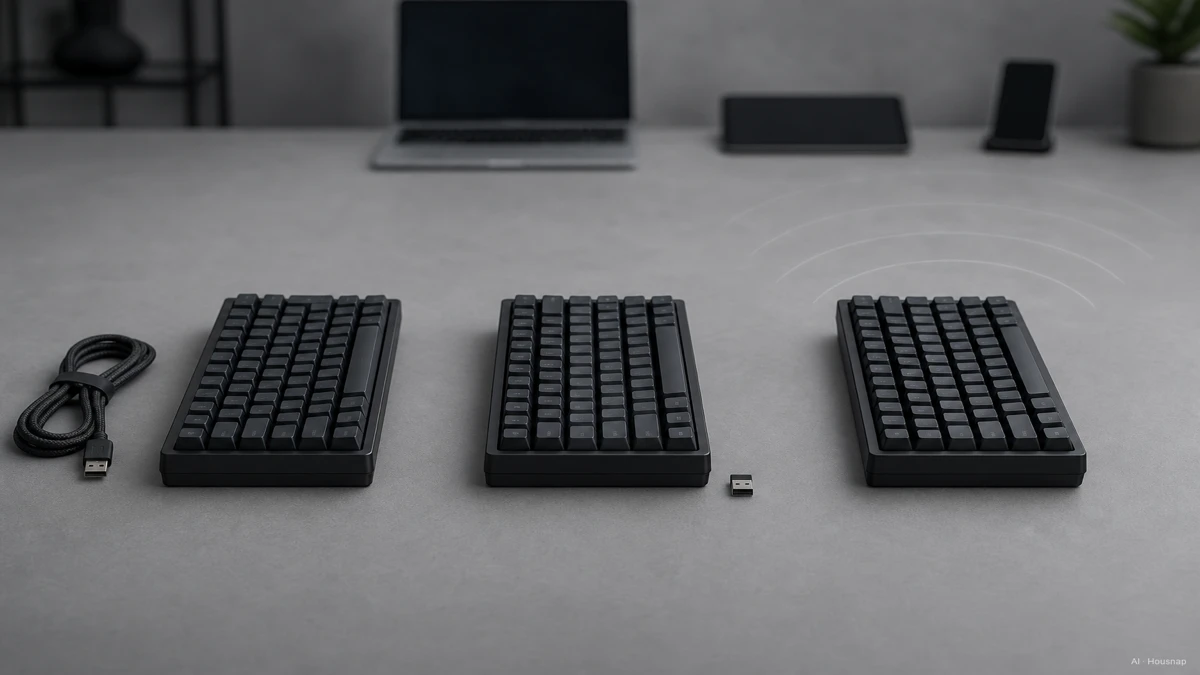 Image: three keyboards labeled by connection, one with a USB cable, one with a small 2.4GHz dongle beside it, one beaming to a laptop a tablet and a phone, each with a small latency figure floating above — AI illustration