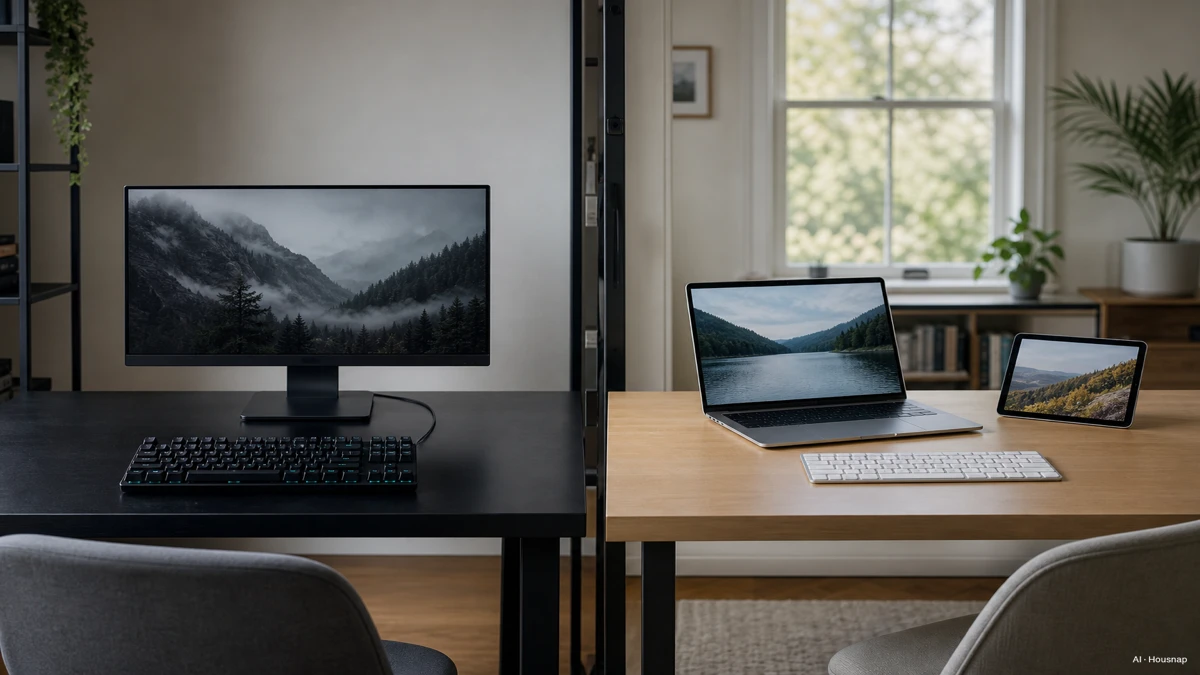 Image: two people at desks, one a focused gamer with a wired board and a single screen, the other a hybrid worker with a cable-free desk switching a wireless keyboard between a laptop and a tablet — AI illustration