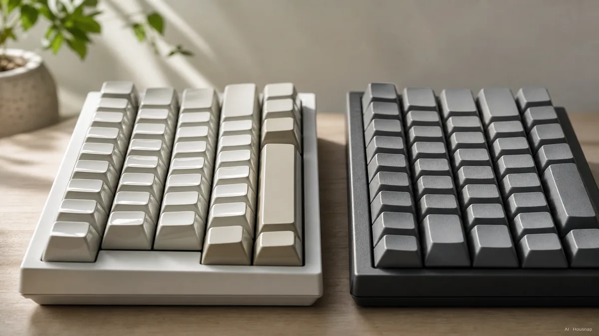 Image: two keycap sets side by side on a desk, one set glossy and smooth (ABS), the other matte and finely textured (PBT), lit to show the surface contrast — AI illustration