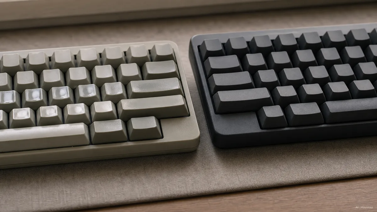 Image: close-up comparison of two used keyboards side by side, one with visibly shiny, worn ABS keycaps on the home row, the other with evenly matte PBT keycaps showing no shine — AI illustration