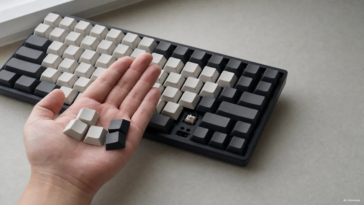 Image: a hand comparing two keycap sets on top of a hot-swappable mechanical keyboard, one keycap pulled off to show the MX-stem socket underneath — AI illustration