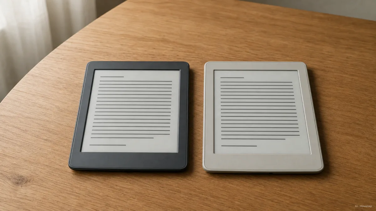 Image: 木製デスクの上に並べて置かれたKindle PaperwhiteとKobo Libra Colour、画面には本が開かれていて、ロゴは見えない構図 — AIイラスト