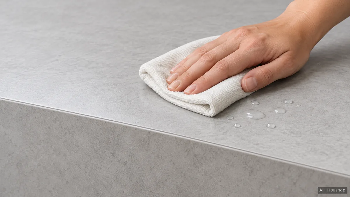 A hand wipes small droplets from a laminate desktop beside its front edge with a folded cloth. — AI illustration