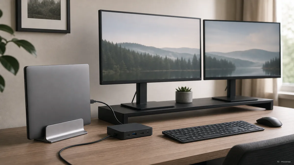 Image: a tidy home office desk with a laptop closed and propped on a stand, a single cable running to a compact dock, two monitors, keyboard and mouse connected through it — Ilustración IA