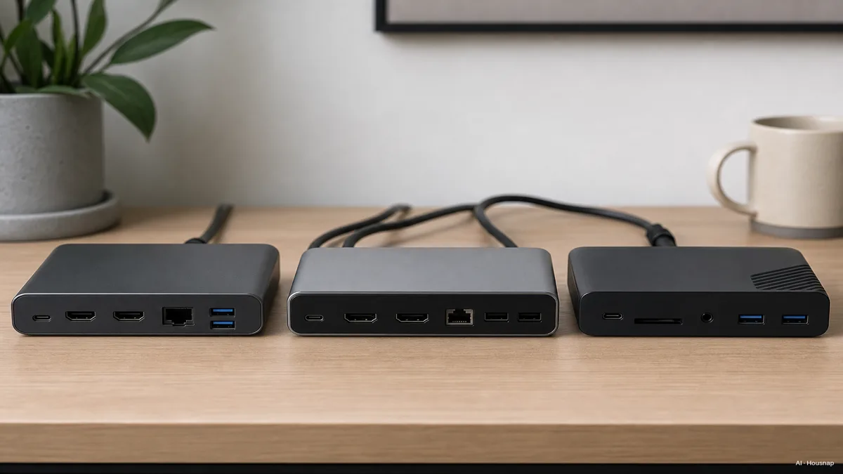 Image: a close comparison shot of three docking station boxes side by side on a desk, subtly different port layouts and cable thickness, neutral studio-style lighting — Ilustración IA
