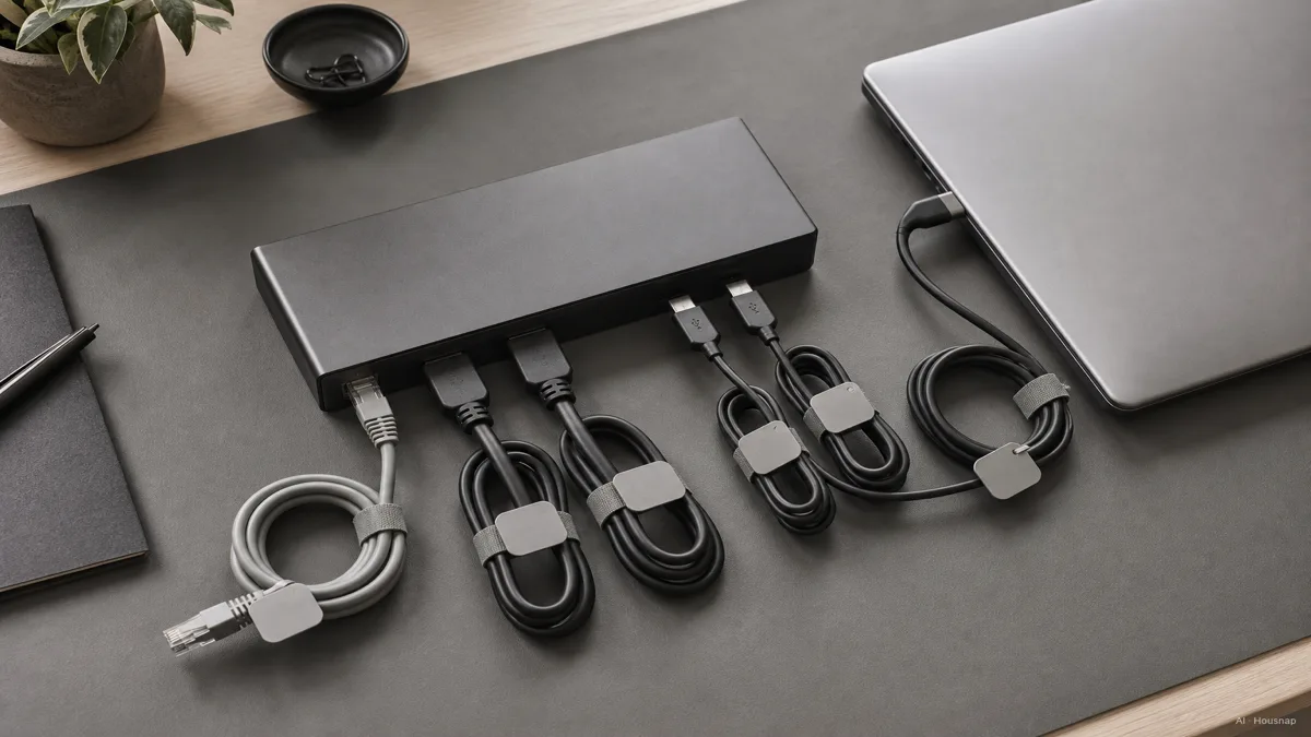Image: an overhead flat-lay of a docking station with cables labeled by function, ethernet, two display cables, USB peripherals, and the laptop charging cable, arranged neatly on a desk mat — Ilustración IA